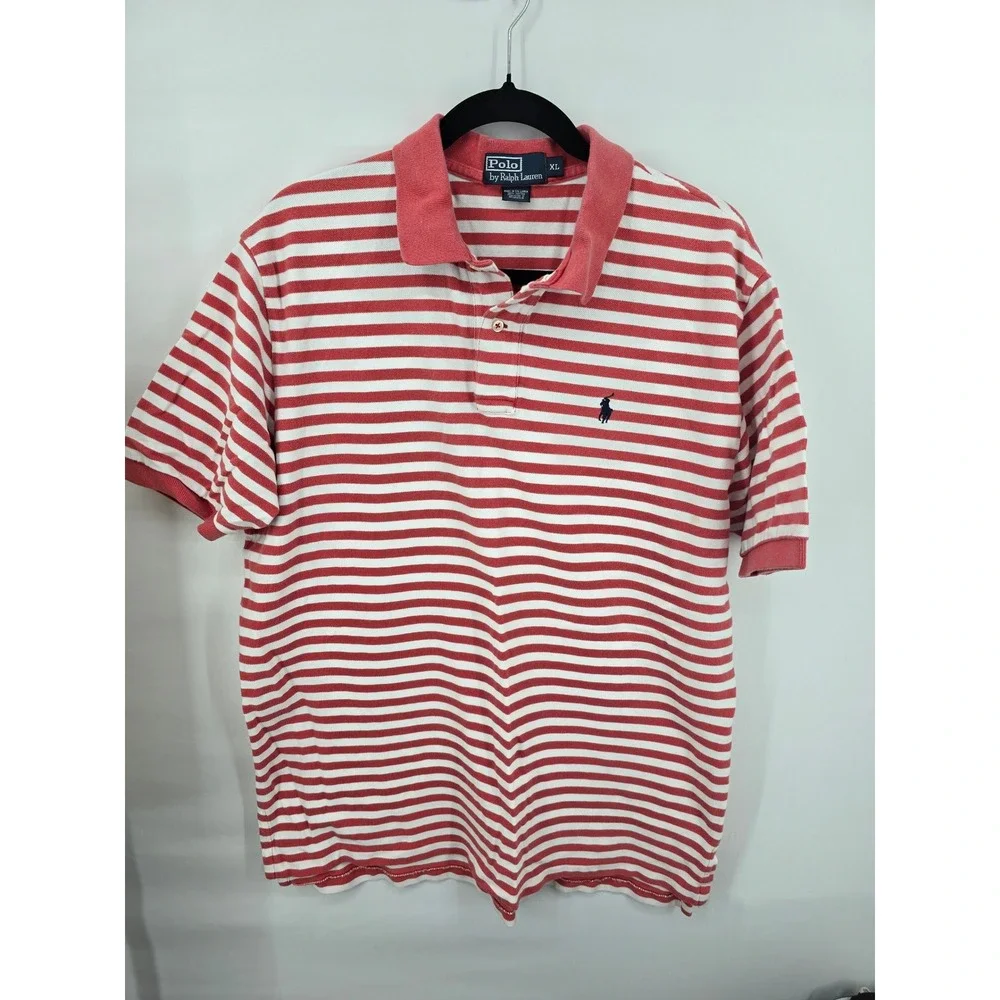 Polo Ralph Lauren Mens XL Red White Striped Short Sleeve Pique Polo Shirt 2155